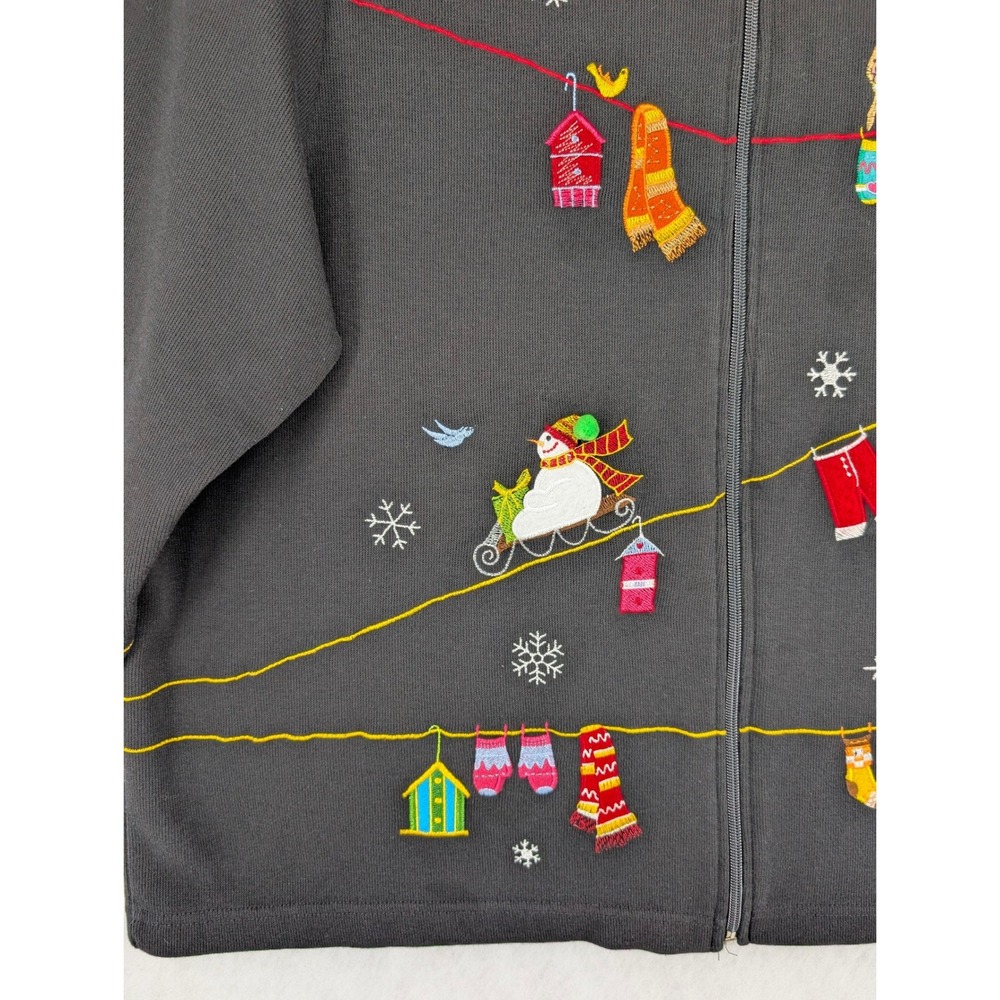 3X Black Full Zip Cardigan Christmas Sweater Winter Clothesline Snowman Holiday - Picture 3 of 10